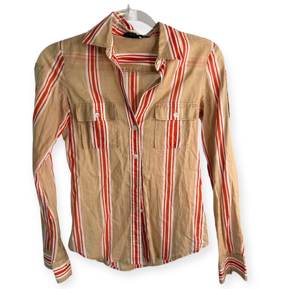 Theory Beige Striped Long Sleeve Button Up Shirt Cotton P